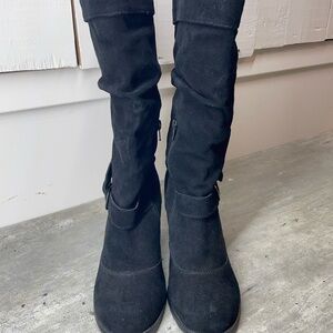 zeria Slouchy Tall Boots Womens 6 Black‎  Double Buckle Side Zip Heel